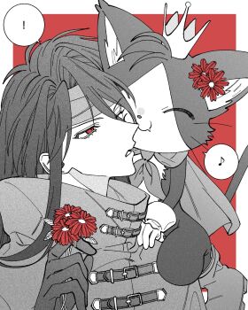 ! 1boy 1other animal animal_on_shoulder black_gloves black_hair boots border cait_sith_(final_fantasy) cape cat cat_on_shoulder cloak crown final_fantasy final_fantasy_vii final_fantasy_vii_rebirth final_fantasy_vii_remake flower gerbera gloves headband highres holding holding_flower long_hair male_focus mini_crown mob_bouto_1 musical_note one_eye_closed parted_lips red_background red_eyes red_flower smile spoken_exclamation_mark spoken_musical_note tuxedo_cat vincent_valentine white_border white_gloves