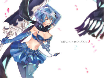 1girl :d black_scarf blue_bra blue_eyes blue_gloves blue_hair blue_pantyhose blue_skirt bra breasts copyright_name cowboy_shot drag-on_dragoon drag-on_dragoon_3 elbow_gloves gloves gradient_legwear holding holding_sword holding_weapon large_breasts looking_at_viewer miniskirt nadir_(nadirnek) navel open_mouth pantyhose petals scarf short_hair skirt smile solo stomach sword two_(drag-on_dragoon) underwear vial weapon