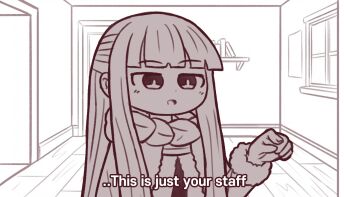Rule 34 | 1girl, blunt bangs, commentary, def fault, english commentary, english text, fern (sousou no frieren), fur-trimmed sleeves, fur trim, hand up, indoors, long hair, long sleeves, monochrome, scarf, shelf, solo, sousou no frieren, standing, upper body, window