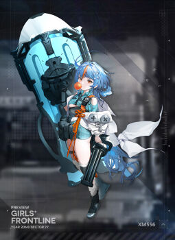 1girl backpack bag ballistic_shield black_boots blue_hair blue_shirt boots character_name chewing_gum commentary english_commentary english_text gatling_gun girls&#039;_frontline gun holding holding_gun holding_weapon lab_coat light_machine_gun long_hair machine_gun minigun multicolored_hair multiple-barrel_gun official_art open_clothes orange_hair rotary_machine_gun shield shirt sleeveless sleeveless_shirt solo very_long_hair weapon xm556_(girls&#039;_frontline) xm556_microgun