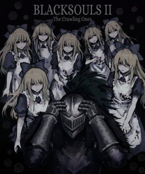 1boy 6+girls alice_(black_souls) apron armor black_souls black_souls_2 blonde_hair blood blood_on_clothes blue_dress bow copyright_name dress elemi_souls english_text expressionless full_armor grimm_(black_souls) hair_bow hands_on_own_head hashtag-only_commentary highres long_hair multiple_girls puffy_short_sleeves puffy_sleeves short_sleeves smile white_apron