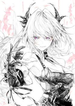 Rule 34 | 1girl, arknights, arknights: endfield, armpits, belt, breasts, bullet, cleavage, commentary, curled horns, demon horns, detached collar, dress, elbow sleeve, gloves, hair intakes, hasukurira, highres, horns, laevatain (arknights), medium breasts, parted lips, purple eyes, ribbon, smile, solo, spot color, surtr (arknights), swept bangs, upper body