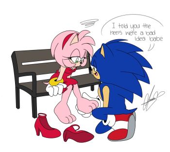 amy_rose barefoot bent_over blue_fur blue_har bracelet callmeames0 dress exhausted feet gloves green_eyes half-closed_eyes heels_removed high_heels highres jewelry massage massaging_feet petite pink_fur pink_hair red_dress sega shoes sitting smile socks sonic_(series) sonic_the_hedgehog spiked_hair tired_eyes