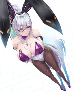 Rule 34 | 1girl, absurdres, animal ears, artknight045, azur lane, bare shoulders, breasts, collarbone, commentary request, elbow gloves, fake animal ears, fishnet pantyhose, fishnets, gloves, hair intakes, highres, huge breasts, kearsarge (all night charge) (azur lane), kearsarge (azur lane), leotard, long hair, multicolored leotard, official alternate costume, pantyhose, playboy bunny, purple eyes, purple leotard, purple shoes, shoes, solo, strapless, strapless leotard, thigh strap, two-tone leotard, very long hair, white gloves, white hair, white leotard