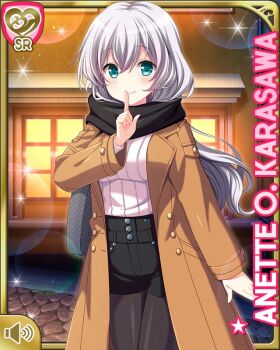 Rule 34 | 1girl, anette olga karasawa, black scarf, black shorts, blue eyes, brown jacket, card (medium), closed mouth, female focus, girlfriend (kari), girlfriend note, indoors, jacket, long hair, looking at viewer, night, official art, pantyhose, pantyhose under shorts, qp:flapper, scarf, shorts, silver hair, smile, solo, standing, sweater, sweden, tagme, white sweater