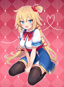 Rule 34 | 1girl, :d, absurdres, akai haato, akai haato (1st costume), aqua eyes, between legs, black thighhighs, blonde hair, blue skirt, breasts, collared shirt, commentary, double-parted bangs, english commentary, full body, ghosttbyun, hair between eyes, hair ornament, hair ribbon, hand between legs, heart, heart hair ornament, high-waist skirt, highres, hololive, large breasts, long hair, looking at viewer, miniskirt, neck ribbon, one side up, open mouth, red ribbon, ribbon, shirt, shirt tucked in, short sleeves, sitting, skirt, smile, solo, thighhighs, underbust, very long hair, virtual youtuber, white shirt
