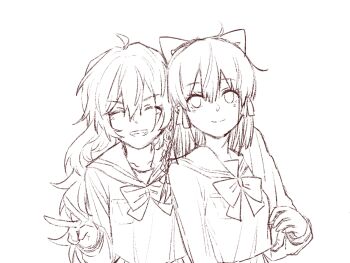 2girls alternate_costume arm_around_shoulder bow bowtie braid closed_eyes commentary_request facing_viewer grin hair_bow hair_tubes hakurei_reimu hitte5416 kirisame_marisa long_sleeves looking_at_viewer multiple_girls sailor_collar sailor_shirt school_uniform shirt side_braid single_braid sketch smile touhou v