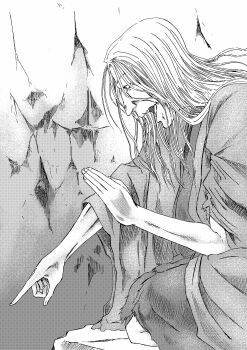 1girl 913kousatu absurdres from_side full_body greyscale highres long_hair monochrome old old_hag old_woman open_mouth pointing sekiro:_shadows_die_twice solo