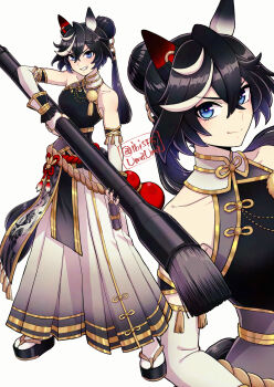 1girl animal_ears bare_shoulders black_hair black_nails black_shirt blue_eyes breasts calligraphy_brush closed_mouth commentary_request detached_sleeves ear_covers elbow_gloves fingerless_gloves full_body gloves hair_between_eyes hair_bun hair_ornament hakama hakama_skirt hand_on_own_hip hi_(ibisf5umauma) highres horse_ears horse_girl ink ink_stain japanese_clothes katsuragi_ace_(pen_name:_ink_dragon)_(umamusume) katsuragi_ace_(umamusume) long_hair looking_at_viewer multicolored_hair multiple_views nail_polish official_alternate_costume official_alternate_hairstyle oversized_object paintbrush shirt simple_background skirt sleeveless sleeveless_shirt small_breasts smile socks standing streaked_hair tabi tassel tassel_hair_ornament umamusume white_background white_gloves white_hair white_socks