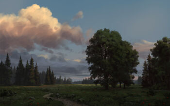 absurdres cloud cloudy_sky day field flower grass highres horizon landscape nature no_humans original outdoors path philipp_urlich pine_tree red_flower road scenery sky tree