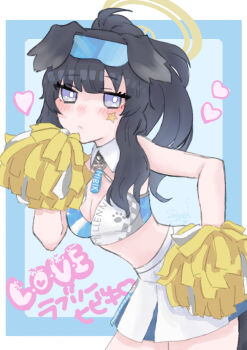 1girl animal_ears black_hair blue_archive blush cheerleader dog_ears dog_girl dog_tail goggles goggles_on_head halo heart hibiki_(blue_archive) hibiki_(cheer_squad)_(blue_archive) holding holding_pom_poms long_hair looking_at_viewer millennium_cheerleader_outfit_(blue_archive) official_alternate_costume pom_pom_(cheerleading) pom_poms rain_(shamo-kun) simple_background skirt solo star_(symbol) star_sticker sticker sticker_on_face tail yellow_halo
