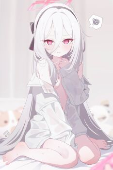 1girl bare_shoulders barefoot black_hairband blue_archive blush breasts deyui hair_between_eyes hairband halo highres kei_(blue_archive) kei_(new_body)_(blue_archive) loli long_hair looking_at_viewer navel open_clothes open_shirt parted_lips pink_halo red_eyes see-through_clothes shirt sitting small_breasts solo spoken_squiggle squiggle toes very_long_hair wariza white_hair white_shirt
