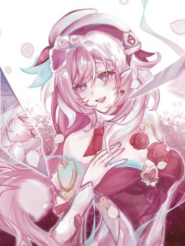 Rule 34 | 1girl, absurdres, beret, breasts, chinese commentary, commentary request, diamond-shaped pupils, diamond (shape), dress, earrings, elf, elysia (hi love elf) (honkai impact), elysia (honkai impact), falling petals, field, flower, flower field, hand on own chest, hat, heart, heart earrings, highres, honkai (series), honkai impact 3rd, jewelry, large breasts, long hair, looking at viewer, multicolored hair, petals, pink hair, pointy ears, purple eyes, red dress, smile, solo, symbol-shaped pupils, two-tone hair, very long hair, white hair, xuji yu rain