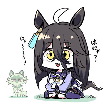 Rule 34 | 1girl, :d, ahoge, animal ears, black hair, body switch, crossover, cup, hair between eyes, highres, holding, holding cup, horse ears, horse girl, horse tail, kawamochi (kawauti919), long hair, manhattan cafe (umamusume), mug, multicolored hair, nintendo, no shoes, open mouth, personality switch, pleated skirt, pokemon, pokemon (creature), purple shirt, purple skirt, purple thighhighs, school uniform, shirt, skirt, smile, sprigatito, tail, thighhighs, tracen school uniform, translation request, two-tone hair, umamusume, very long hair, white background, white hair, yellow eyes