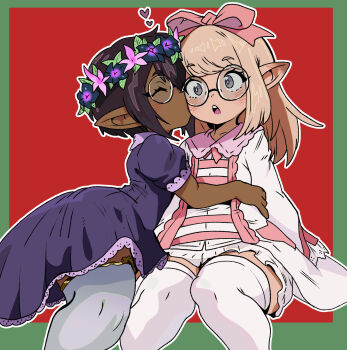 2girls black_eyes blonde_hair blush closed_eyes commentary commission dark-skinned_female dark_skin dress ear_blush english_commentary final_fantasy final_fantasy_xiv flat_chest hair_ribbon head_wreath highres hug hug_from_side kiss lalafell medium_hair multiple_girls open_mouth pink_ribbon pointy_ears purple_dress purple_hair ribbon round_eyewear sackoni short_hair surprise_kiss surprised thighhighs warrior_of_light_(ff14) white_dress white_thighhighs yuri