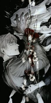 2boys black_background blood blood_on_clothes charon_(reverse:1999) clenched_teeth covered_face eberhard_braun facing_another flower from_side gloves greyscale gyujik_qzc hand_on_another&#039;s_head highres jacket looking_at_another military_uniform monochrome multiple_boys poppy_(flower) reverse:1999 spot_color teeth upper_body veil