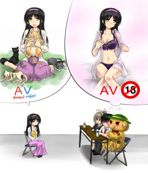 10s 2girls adachi_eiko amagi_brilliant_park antenna_hair black_hair blush bonta-kun bottle bra breasts brown_eyes brown_hair cat chair cleavage commentary hairband interview kanie_seiya kiryu264 large_breasts long_hair moffle multiple_girls navel no_legwear no_mouth no_nose open_clothes open_shirt panties ponytail sento_isuzu shirt sketch spoilers table underwear undressing water_bottle