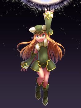 Rule 34 | 1girl, absurdres, blonde hair, closed mouth, covered navel, detached sleeves, freya (valkyrie profile), full body, green footwear, green hat, green leotard, green sleeves, hat, highres, leotard, long hair, looking at viewer, raijin (shinobidx), smile, solo, star (sky), star ocean, star ocean: till the end of time, valkyrie profile (series)