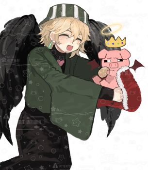 Rule 34 | 1boy, 3327733341, animal, animalization, animification, bird wings, black wings, blonde hair, bucket hat, cape, chinese commentary, closed eyes, clothed animal, commentary request, dream smp, earrings, fur-trimmed cape, fur trim, green kimono, halo, hat, heart, highres, holding, holding animal, japanese clothes, jewelry, kimono, male focus, minecraft youtube, open mouth, ph1lza, pig, potato, red cape, simple background, single earring, smile, solo focus, striped clothes, striped hat, striped headwear, technoblade, too many watermarks, variant set, vertical-striped clothes, vertical-striped headwear, watermark, white background, wide sleeves, wings