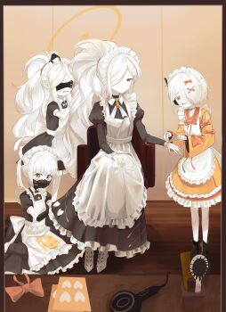 absurdres alternate_costume alternate_hairstyle apron bandaged_hand bandages black_boots black_dress blindfold blue_archive blunt_bangs boots colored_skin commentary dress dressing_another ein_(blue_archive) hair_over_one_eye highres long_hair maid maid_apron maid_headdress malkuth_(blue_archive) mask ohr_(blue_archive) open_mouth orange_dress ponytail respirator short_hair sof_(blue_archive) twintails unso_(exxxxit) very_long_hair white_hair white_skin yellow_eyes