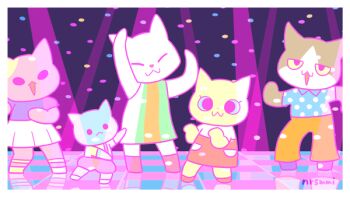 2boys 3girls :3 animated animated_gif border cat collared_shirt dancing dress furry furry_female furry_male looping_animation mai_narushima multiple_boys multiple_girls open_mouth orange_pants original pants polka_dot polka_dot_shirt reflective_floor shirt signature skirt suspenders white_border white_skirt