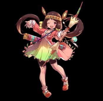 1girl :d arrow_(projectile) bike_shorts black_background blush bow bow_(weapon) breasts brown_eyes brown_hair brown_shoes dress full_body hair_bow hands_up headdress highres holding holding_bow_(weapon) holding_weapon inia_(merc_storia) jewelry long_hair long_sleeves low_twintails merc_storia merc_storia_art_team native_american native_american_headdress necklace official_art one_eye_closed open_mouth pink_dress quiver shoes simple_background small_breasts smile solo standing tachi-e teeth twintails upper_teeth_only weapon yellow_bow