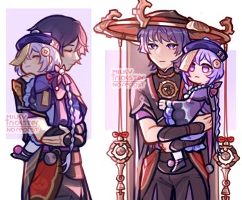 1boy 1girl armor artist_name bead_necklace beads black_bodysuit black_footwear black_mask black_shorts black_sleeves blunt_ends bodysuit bow braid cape carrying carrying_person child_carry closed_eyes closed_mouth coin_hair_ornament commentary english_commentary expressionless eyelashes eyeliner eyeshadow frilled_sleeves frills genshin_impact gold gold_trim grey_veil hair_bow hair_ornament hand_on_another&#039;s_back hand_on_another&#039;s_leg hand_on_another&#039;s_shoulder hat head_on_another&#039;s_shoulder highres hug japanese_armor jewelry jiangshi jingasa kote kurokote layered_sleeves long_hair long_sleeves looking_past_viewer low-braided_long_hair low-tied_long_hair makeup mandarin_collar mask_on_hat milkytrickster mitsudomoe_(shape) multiple_views neck_ring necklace o-ring ofuda ofuda_on_head pink_bow pink_eyes purple_cape purple_eyes purple_hair purple_hat purple_sash purple_sleeves qingdai_guanmao qiqi_(genshin_impact) red_eyeliner red_eyeshadow red_hat sash scaramouche_(genshin_impact) shoes short_sleeves shorts sidelighting sidelocks sleeping talisman tomoe_(symbol) veil very_long_hair watermark white_background wide_sleeves