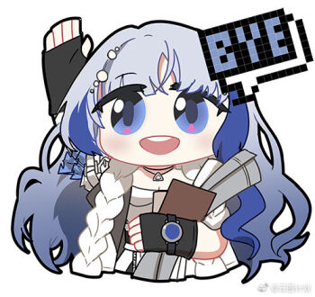 Rule 34 | 1girl, artist request, black gloves, blue hair, check artist, chibi, chibi only, chinese commentary, english text, fingerless gloves, girls' frontline, girls' frontline neural cloud, gloves, grey hair, hubble (neural cloud), lowres, madcore, official art, open mouth, second-party source, solo, speech bubble, teeth, upper teeth only, watermark, waving, weibo username, weibo watermark