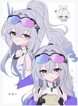 1girl absurdres clothing_cutout dress eyewear_on_head fingerless_gloves gauntlets gloves goggles grey_eyes grey_hair hair_ornament handheld_game_console highres holding holding_handheld_game_console honkai:_star_rail honkai_(series) long_hair multicolored_hair shino_(uqwjl) shoulder_cutout silver_wolf_(elation)_(honkai:_star_rail) silver_wolf_(honkai:_star_rail) single_gauntlet streaked_hair turtleneck zipper