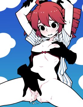 1girl ahoge akableak arms_up black_bra blue_background blue_shirt blue_sky blush bottomless bow bow_bra bra bra_pull clothes_pull cloud collarbone disembodied_hand drill_hair embarrassed feet_out_of_frame fingering grabbing_another's_breast groin groping hair_between_eyes highres hip_bones holding_another's_wrist kasane_teto mesmerizer_(vocaloid) narrow_waist navel nervous nervous_sweating nipples open_clothes open_shirt parted_lips pinstripe_pattern pinstripe_shirt pussy pussy_juice raised_eyebrows red_bow red_hair red_trim ribs shirt short_sleeves sky solo solo_focus spread_legs striped_clothes striped_shirt sweat twin_drills two-tone_shirt uncensored underwear utau vertical-striped_clothes vertical-striped_shirt white_shirt wide_spread_legs