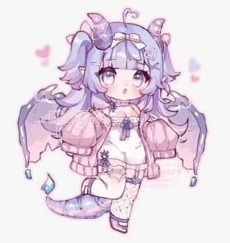 Rule 34 | 1girl, :o, asymmetrical legwear, bare shoulders, blue hair, blunt bangs, blush, breasts, bunbbyart, chibi, chibi only, cleavage, commentary, dragon girl, dragon horns, dragon tail, dragon wings, dress, fishnet thighhighs, fishnets, full body, hair ornament, heart, heart hair ornament, highres, horns, long hair, long sleeves, mismatched legwear, open mouth, original, outline, pink eyes, pink outline, purple shoes, shoes, simple background, sleeves past fingers, sleeves past wrists, solo, standing, standing on one leg, tail, thighhighs, two side up, watermark, white background, white dress, white thighhighs, wings, x hair ornament