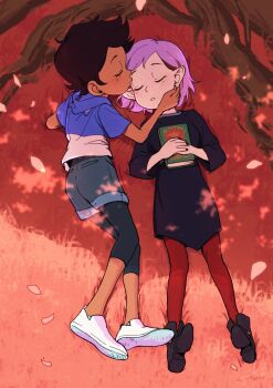 2girls amity_blight chiga25 closed_eyes couple dark_skin day grass hood hoodie kiss kissing_forehead luz_noceda lying multiple_girls on_back on_ground outdoors pantyhose petals plant_roots pointy_ears purple_hair shoes short_hair shorts sleeping the_owl_house yuri