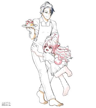 1boy 1girl ahoge amida_murasaki animal_ear_fluff animal_ear_piercing animal_ears black_hair braid closed_mouth commentary_request damian_blackwood furry furry_female green_eyes highres holding jacket long_hair open_mouth pink_fur rabbit_ears rabbit_girl red_eyes shirt short_eyebrows thick_eyebrows white_background zenless_zone_zero zhao_(zenless_zone_zero)