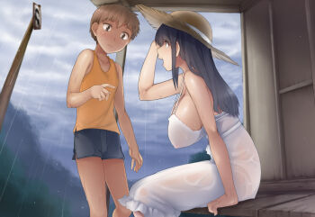 1boy 1girl 2channel abubu black_hair blush breasts brown_eyes brown_hair bus_stop covered_erect_nipples dress hanging_breasts hasshaku-sama hat highres japanese_urban_legends large_breasts long_hair nipples no_bra original panties rain see-through_clothes shorts shota sitting smile strap_gap sun_hat sundress tank_top teenage_girl_and_younger_boy underwear wet