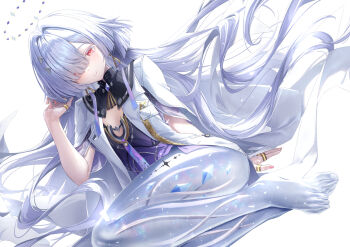 1girl adjusting_hair barefoot breasts closed_mouth colored_eyelashes commentary_request dress earrings feet floating_hair grey_hair hair_ornament hair_over_one_eye hair_spread_out halo hand_in_own_hair hand_up highres id_card jacket jewelry long_hair looking_at_viewer making-of_available mornye_(wuthering_waves) purple_dress red_eyes see-through_body simple_background small_breasts smile solo tacet_mark_(wuthering_waves) thighs toes triangle_earrings very_long_hair white_background white_jacket wuthering_waves xfate