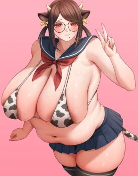 1girl absurdres adapted_costume animal_ears animal_print areola_slip belly bikini black_thighhighs blush breasts brown_eyes brown_hair cow_ears cow_girl cow_horns cow_print cow_print_bikini cow_tail ear_tag fat fat_woman female_focus glasses half-closed_eyes highres horns huge_breasts looking_at_viewer matching_hair/eyes mil_k_vanilla miniskirt mole mole_under_mouth navel original pink_background plump print_bikini round_eyewear school_uniform serafuku skindentation skirt solo standing swimsuit tail thick_thighs thighhighs thighs v veins veiny_breasts