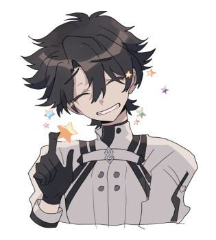 1boy black_hair closed_eyes commentary_request cropped_torso fate/grand_order fate_(series) fujimaru_ritsuka_(male) gloves jacket male_focus ptptprpr short_hair simple_background smile solo star_(symbol) white_background