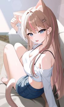1girl absurdres animal_ears bare_shoulders blue_shorts bra_strap breasts brown_hair cat_ears cat_girl cat_tail cleavage commentary_request crop_top denim denim_shorts extra_ears fang hand_up highres iyusei_02 long_hair long_sleeves looking_at_viewer medium_breasts midriff multicolored_hair off-shoulder_shirt off_shoulder original shirt short_shorts shorts sitting solo streaked_hair tail thighs very_long_hair white_shirt