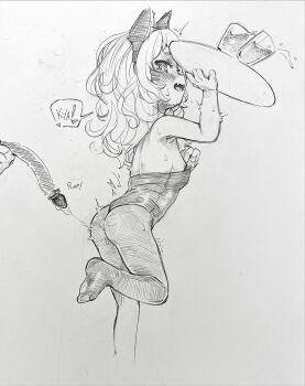 1girl 1other anal_beads anal_tail animal_ears bare_shoulders butt_plug cat_ears cat_tail fake_animal_ears fake_tail fang flat_chest greyscale highres holding loli medium_hair monochrome nipples open_mouth original pantyhose playboy_bunny renocoffee sex_toy skin_fang solo_focus standing standing_on_one_leg tail traditional_media