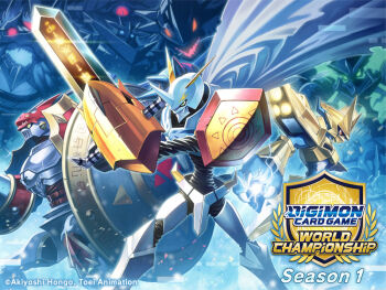 Rule 34 | apollomon, arm blade, armor, character request, copyright logo, dianamon, digimon, digimon card game, dukemon, electricity, fenriloogamon, glowing, glowing eyes, gold armor, gold helmet, green eyes, group picture, helmet, kazuchimon, knight, logo, lucemon satan mode, magnamon, mecha, official art, omegamon, red eyes, robot, weapon, white armor, white helmet, yellow eyes