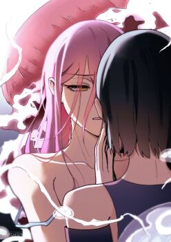 Rule 34 | 2girls, absurdres, alien stage, artist name, black dress, black hair, commentary, dress, empty eyes, english commentary, hand on another's face, highres, jellyfish, long hair, mizi (alien stage), multiple girls, pink hair, short hair, signature, sua (alien stage), xnighten, yellow eyes