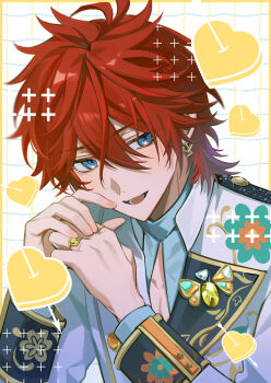 1boy 4k10r1 amagi_rinne arrow_through_heart blue_eyes blue_shirt blush border breasts brooch cleavage_cutout clothing_cutout earrings ensemble_stars! fingernails gold_earrings gold_ring grid_background hair_between_eyes heart highres jacket jewelry lapels long_sleeves looking_at_viewer male_focus medium_breasts multiple_rings open_clothes open_jacket open_mouth outside_border own_hands_together pectoral_cleavage pectorals portrait red_hair ring shirt smile solo wavy_background white_background white_jacket yellow_border