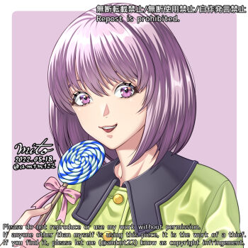 1girl amatsu_mito border candy commentary_request dated eyelashes fingernails food highres holding holding_candy holding_food holding_lollipop lara_tchaikoskaya lollipop medium_hair mixed-language_text open_mouth portrait purple_background purple_eyes purple_hair purple_ribbon ribbon signature simple_background smile solo swirl_lollipop teeth tiger_&amp;_bunny upper_teeth_only white_border