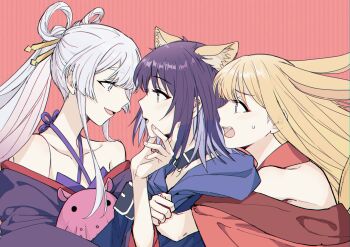 3girls absurdres animal_ears black_choker black_hair blonde_hair blush choker chou_kaguya-hime! chromatic_aberration commentary_request eye_contact hair_ribbon hand_on_another's_chin highres hug hug_from_behind kaguya_(chou_kaguya-hime!) kimboogakk77 korean_commentary long_sleeves looking_at_another multiple_girls off_shoulder open_mouth pink_background ribbon runami_yachiyo sakayori_iroha sweatdrop yellow_eyes yuri