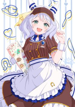 Rule 34 | 1girl, animal ears, apron, aqua eyes, blue bow, blue bowtie, blush, bow, bowtie, brown shirt, brown skirt, commentary request, ear covers, frilled apron, frilled sleeves, frills, gamyuu (gamyu), highres, hishi miracle (umamusume), horse ears, horse girl, horse tail, horseshoe ornament, looking at viewer, open mouth, shirt, short hair, short sleeves, skirt, smile, solo, tail, umamusume, visor cap, waist apron, white apron, white hair, white wrist cuffs, wrist cuffs
