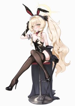 1girl :3 absurdres alternate_costume alternate_hairstyle animal_ears arm_garter bare_shoulders black_bow black_gloves black_jacket black_leotard black_shoes black_thighhighs blue_archive blush bow bowtie breasts cane cleavage closed_mouth commentary_request detached_collar fake_animal_ears garter_straps gloves green_eyes grey_background hair_bow halo high_heels highres holding holding_cane jacket leotard long_hair nekoplanetouo off_shoulder playboy_bunny professor_niyaniya_(blue_archive) rabbit_ears red_bow red_bowtie shoes side_ponytail simple_background sitting sketch small_breasts smile solo stool thighhighs very_long_hair