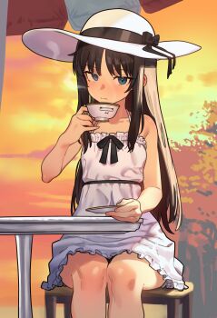 1girl absurdres bare_shoulders black_hair blue_eyes blush breasts chair cup dress ebora hairband hat highres long_hair looking_at_viewer sitting small_breasts solo sun_hat table teacup tohno_akiha tsukihime white_dress white_hat