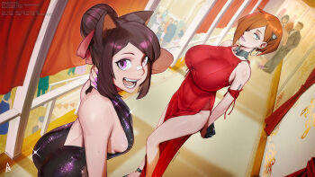 6+boys 6+girls animal_ears ascari_megane_(aurahack) ass aurahack backless_dress backless_outfit bandaid bandaid_on_face bandaid_on_nose black_dress blue_eyes breasts brown_hair cat_ears catherine_(aurahack) collar dress earrings faceless faceless_female faceless_male hair_bun hair_over_one_eye highres hoop_earrings jewelry large_breasts looking_at_viewer medium_breasts metal_collar mole mole_on_arm mole_on_back mole_on_breast multiple_boys multiple_girls open_mouth original pink_nails purple_eyes red_dress short_hair