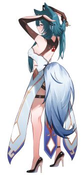 1girl absurdres animal_ears arms_up backless_dress backless_outfit black_shoes breasts brown_gloves commission dress elbow_gloves from_side gloves green_hair hands_in_own_hair high_heels highres long_hair looking_at_viewer looking_to_the_side medium_breasts original partially_fingerless_gloves purple_eyes shoe_soles shoes simple_background skindentation solo standing tail talnory very_long_hair white_background white_dress