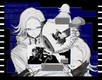 5boys ^_^ absurdres ahoge aotsuki_eito blue_screen_of_death brain chinese_commentary clone closed_eyes commentary_request eyeball glasses gloves greyscale_with_colored_background highres interlocked_fingers jacket looking_at_another lying male_focus multicolored_hair multicolored_jacket multiple_boys nichengbuweikong64829 on_floor on_side own_hands_together puddle short_hair smile spine streaked_hair sumino_takumi teeth the_hundred_line_-last_defense_academy- two-tone_jacket upper_teeth_only window_(computing)